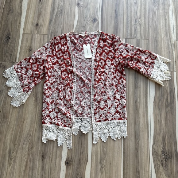Anthropologie Solitaire Kimono Womens S Red Aztec Crochet Hem‎ Open Front - Picture 1 of 4